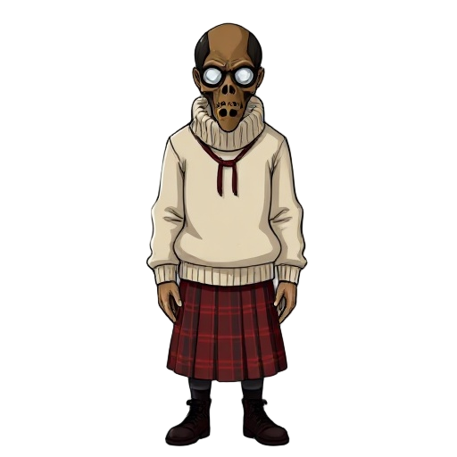 survival horror white or beige sweater with a high collar that reaches to the waist.silent hill weighing style wearing a red plaid skirt also wearing a brown plague doctor mask with glasses and a