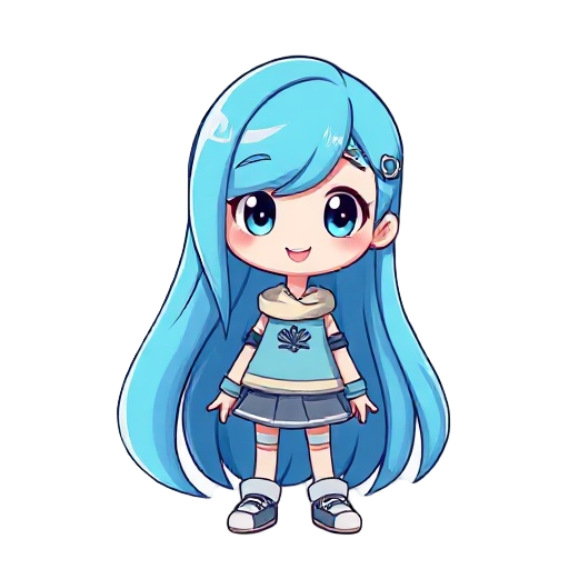 character design:       the character has long, flowing blue hair that cascades down their back.     they have a cheerful and friendly expression with bright, expressive eyes.     the character wears 