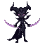 a lithe tiefling with obsidian skin and curved horns that emit wisps of purple smoke. her eyes glow with inner fire as she deftly spins twin enchanted daggers. a cloak of shadows seems to flow around