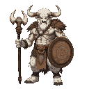 a towering minotaur shaman with white fur and intricate tribal markings painted across his muscular torso. he wields a staff topped with a bull's skull and carries a circular shield emblazoned with ce