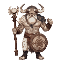 a towering minotaur shaman with white fur and intricate tribal markings painted across his muscular torso. he wields a staff topped with a bull's skull and carries a circular shield emblazoned with ce