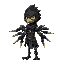 a kenku rogue with glossy black feathers and piercing yellow eyes. she's wrapped in strips of leather studded with tiny mirrors and carries numerous throwing knives. a mechanical contraption on her ba