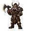 a scarred orc man with tusks adorned with metal caps. she hefts a massive double-bladed axe and wears patchwork armor made from the hides of beasts she's slain. dozens of trophy bones hang from her 