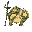 a tortoise-like tortle with an elaborately painted shell depicting ocean scenes. he wields a trident that constantly drips with seawater and carries a shield made from a giant clamshell. barnacles and