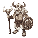 a towering minotaur shaman with white fur and intricate tribal markings painted across his muscular torso. he wields a staff topped with a bull's skull and carries a circular shield emblazoned with ce