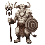 a towering minotaur shaman with white fur and intricate tribal markings painted across his muscular torso. he wields a staff topped with a bull's skull and carries a circular shield emblazoned with ce