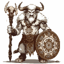a towering minotaur shaman with white fur and intricate tribal markings painted across his muscular torso. he wields a staff topped with a bull's skull and carries a circular shield emblazoned with ce