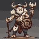 a towering minotaur shaman with white fur and intricate tribal markings painted across his muscular torso. he wields a staff topped with a bull's skull and carries a circular shield emblazoned with ce