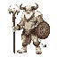 a towering minotaur shaman with white fur and intricate tribal markings painted across his muscular torso. he wields a staff topped with a bull's skull and carries a circular shield emblazoned with ce