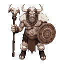 a towering minotaur shaman with white fur and intricate tribal markings painted across his muscular torso. he wields a staff topped with a bull's skull and carries a circular shield emblazoned with ce
