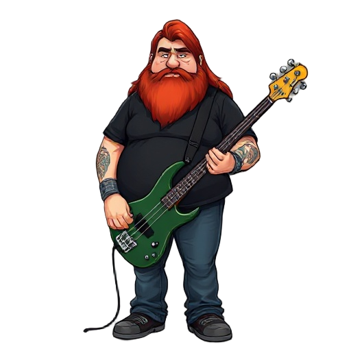 metal band member, fat, beard and hair red, holding a bass guitar, his hair is long, he wears a black tshirt and jeans, 2d capcom style