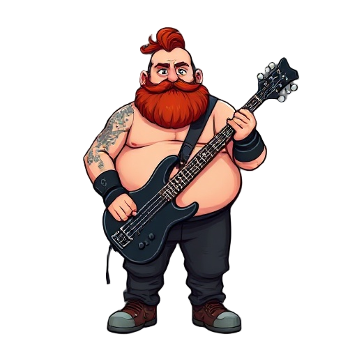 metal band member, fat, beard and hair red, holding a bass guitar