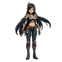 powerful warrior with long, flowing black hair. she is wearing light armor in shades of bronze and turquoise, emphasizing her agility. her outfit includes a short metallic top and fitted pants with ar