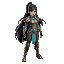 powerful warrior with long, flowing black hair. she is wearing light armor in shades of bronze and turquoise, emphasizing her agility. her outfit includes a short metallic top and fitted pants with ar