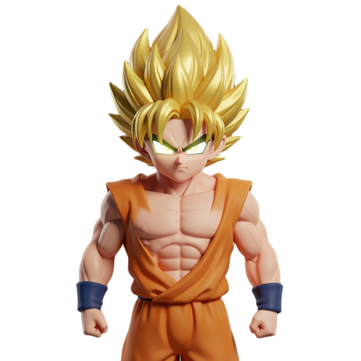 a high-quality 3d model of a super saiyan warrior inspired by goku from dragon ball, designed specifically for animation workflows. the character has sharp anime facial features, intense glowing eyes, and highly detailed, spiky golden hair with dynamic vo