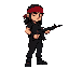 a soldier in black clothing, with long dark hair and a red bandana on his head, holding a machine gun. like a rambo movie character. side view.