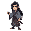 a sword man with long black hair wearing kimono which is ripped and injured