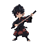 a young swordsman in dynamic pose, wearing a traditional black kimono with red cloud patterns. he has straight black hair covering one eye in an angular cut, similar to the uchiha clan aesthetic. his