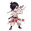 a young swordsman in dynamic pose, wearing a traditional white kimono with red cloud patterns. he has straight black hair covering one eye in an angular cut, similar to the uchiha clan aesthetic.