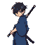 a young swordsman chilling with sword behind the back, wearing a traditional blue kimono he has straight black hair covering one eye in an angular cut, similar to the uchiha clan aesthetic. his 