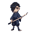 a young swordsman not holding his sword, wearing a traditional blue kimono he has straight black hair covering one eye in an angular cut, similar to the uchiha clan aesthetic. his 