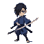 a young swordsman in chilling pose, wearing a traditional blue kimono he has straight black hair covering one eye in an angular cut, similar to the uchiha clan aesthetic. his 