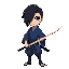 a young swordsman , wearing a traditional blue kimono he has straight black hair covering one eye in an angular cut, similar to the uchiha clan aesthetic. his 