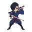 a young swordsman in dynamic pose, wearing a traditional blue kimono he has straight black hair covering one eye in an angular cut, similar to the uchiha clan aesthetic. his 