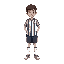 a young boy who left gym class, adidas samba shoes, vertically striped shirt 