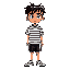 a young boy who left gym class, adidas samba shoes, vertically striped shirt 
