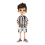 a young boy who left gym class, adidas samba shoes, vertically striped shirt 