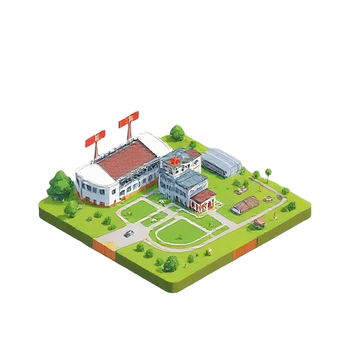 a grassy plane with a hospital stadium and house and recreation center for monster capture game like pokémon but don't use any copyright 
