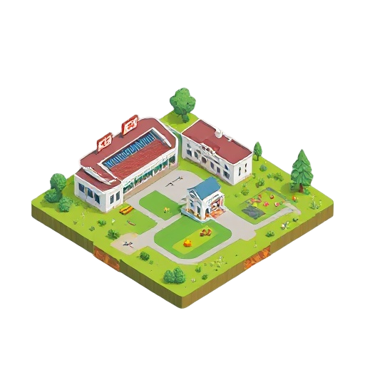 a grassy plane with a hospital stadium and house and recreation center for monster capture game like pokémon but don't use any copyright 