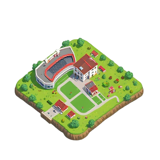a grassy plane with a hospital stadium and house and recreation center for monster capture game like pokémon but don't use any copyright 
