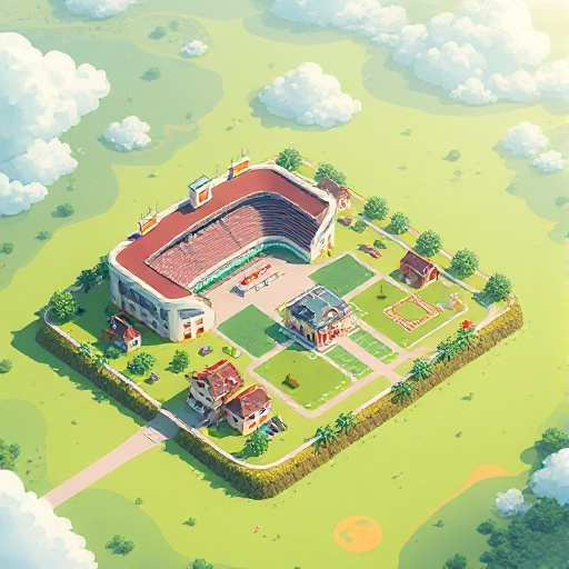 a grassy plane with a hospital stadium and house and recreation center for monster capture game like pokémon but don't use any copyright 
