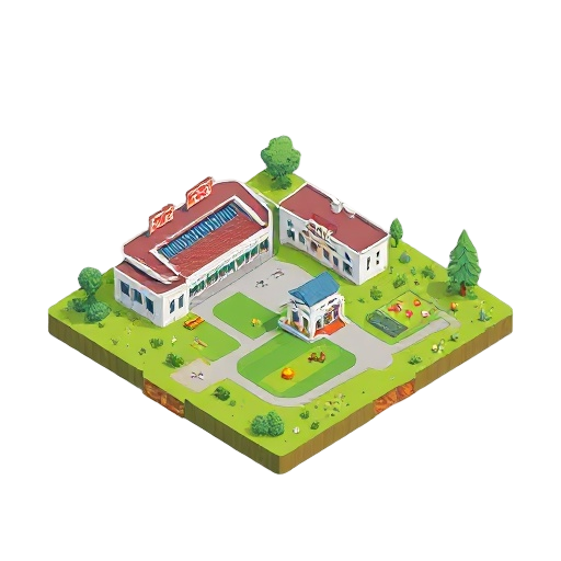 a grassy plane with a hospital stadium and house and recreation center for monster capture game like pokémon but don't use any copyright 
