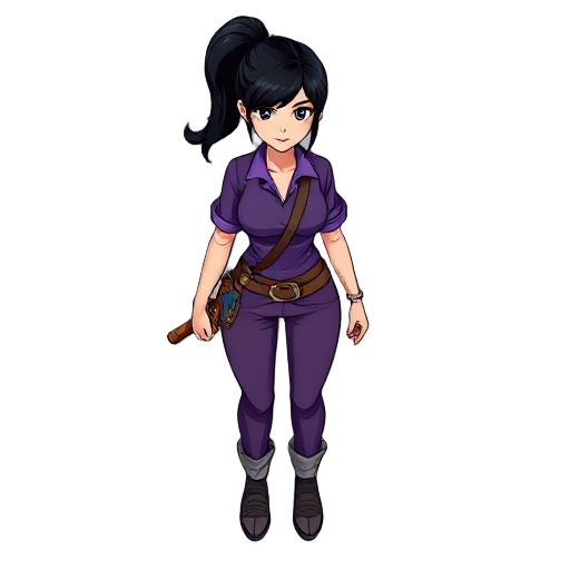 woman with black hair in a pony tail, purple shirt, plue pants, carrying a hatchet