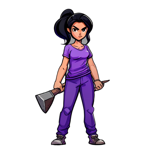 woman with black hair in a pony tail, purple shirt, plue pants, carrying a hatchet