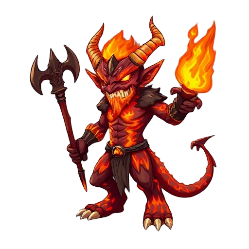 the character is an ancient fire demon with a humanoid body covered in molten lava and glowing embers. he has sharp claws, a burning scimitar, 