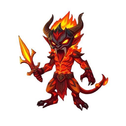 the character is an ancient fire demon with a humanoid body covered in molten lava and glowing embers. he has sharp claws, a burning scimitar, and a face that resembles a mask of ahura mazda twisted i