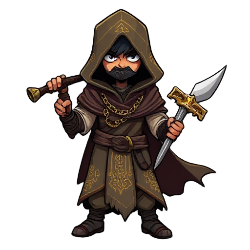 the character wears a tattered robe with golden zoroastrian motifs, a broken chain around his neck, and carries a scimitar shaped like a cobra. his face is partially hidden under a hood