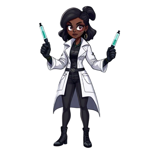 curvy ebony gothic woman scientist with syringes as weapon