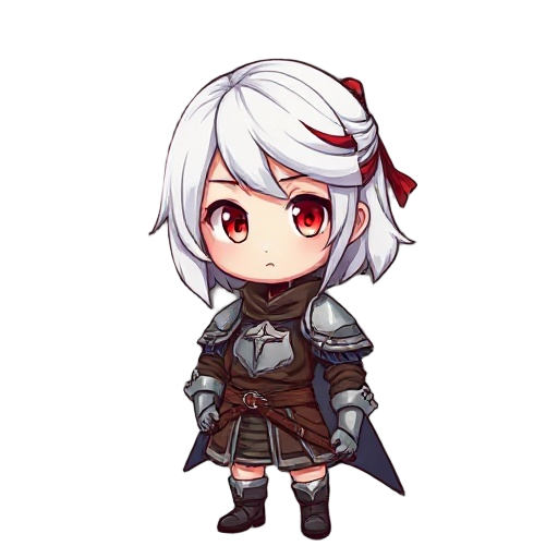 a girl, knight leather armor, hachimaki, parted hair, red eyes, white hair,