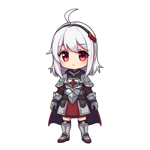 a girl, knight armor, hachimaki, parted hair, red eyes, white hair