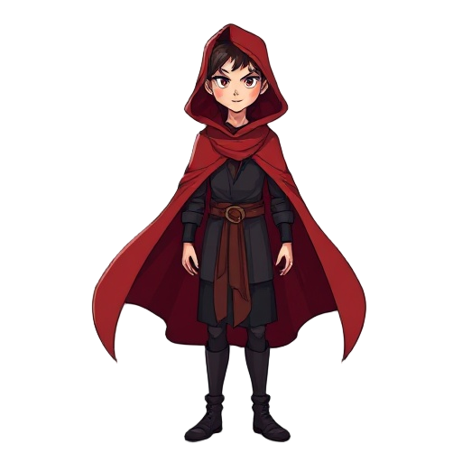 to draw a character with a flowing long red cloak and rosy skin along with mysterious dark clothing inside, redraw the body (idle action at least 8 frames).