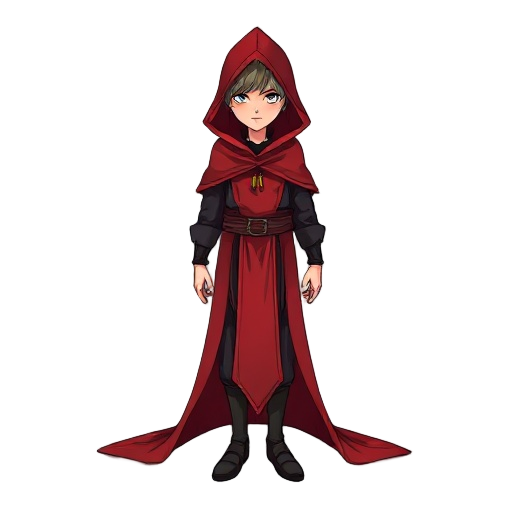 a character with a long flowing red cloak and rosy skin along with dark mysterious clothing underneath, redraw the body (in a standing pose for at least 8 frames). draw the entire sprite running up an