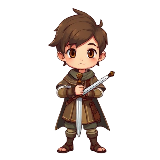 the character is a 2d ghibli style young boy with brown hair wearing medieval cloth with a sword