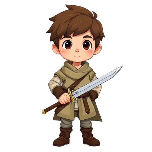 the character is a 2d ghibli style realistic scale young boy with brown hair wearing medieval cloth with a sword
