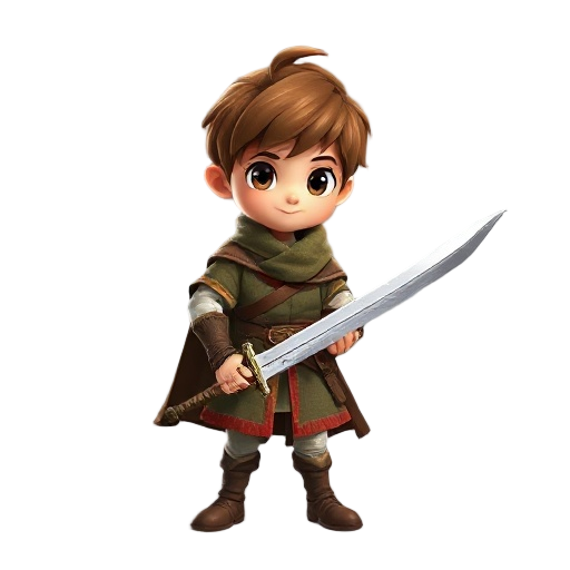 the character is a 2d ghibli style realistic scale young boy with brown hair wearing medieval cloth with a sword
