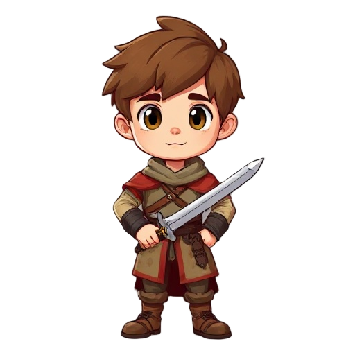 the character is a young boy with brown hair wearing medieval cloth with a sword
